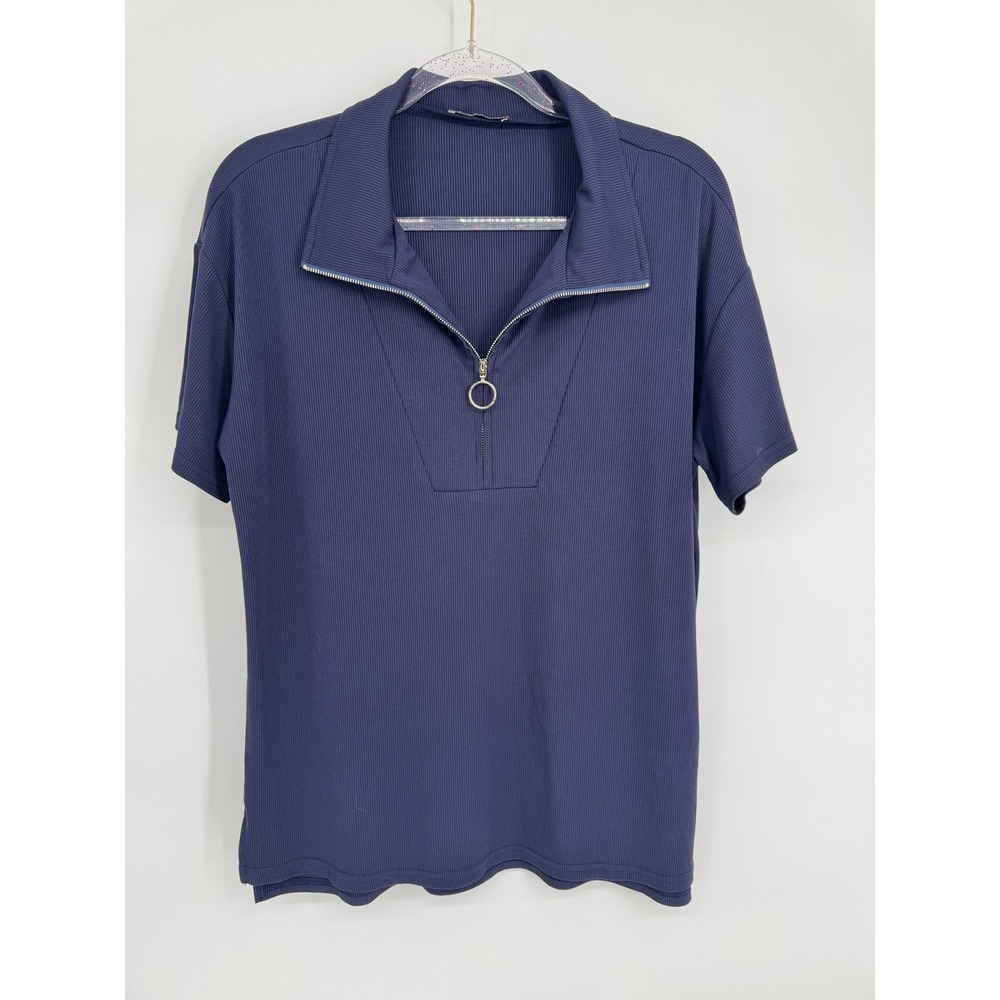 MCKOL Navy Blue Ribbed Quarter Zip Polo Shirt Ring Pull Short Sleeve Sz L